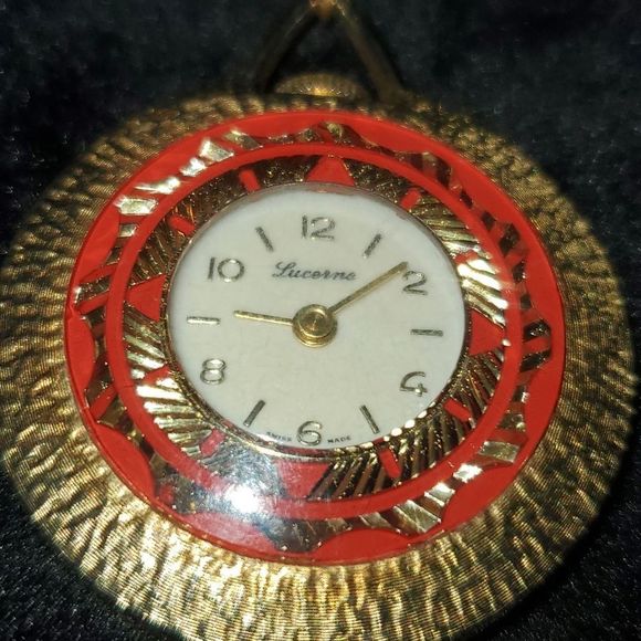 Vintage Mechanical Watch‎ Pendant & Necklace Orange Enamel & Fancy Carved Metal main image 7